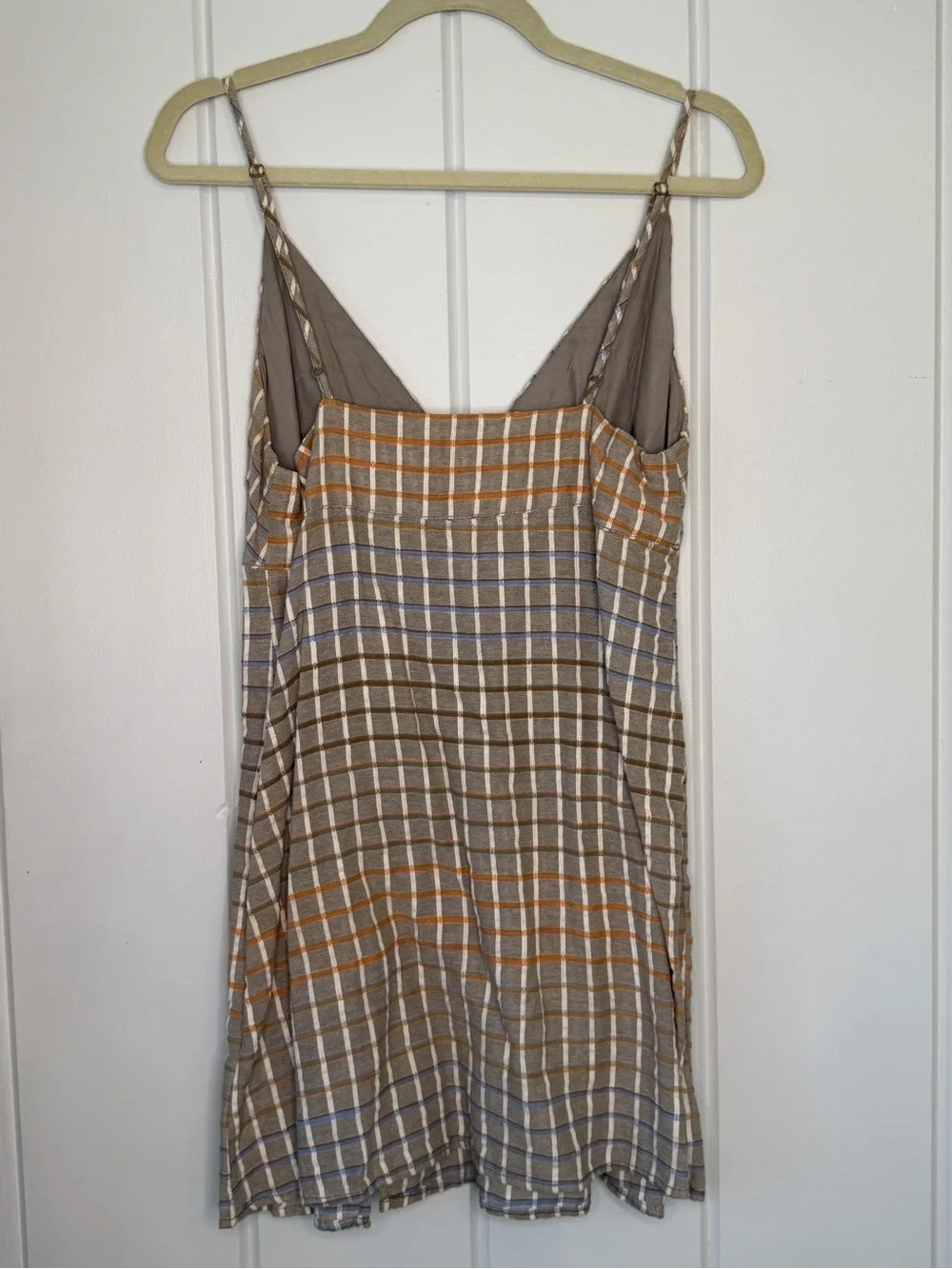 Free People Plaid Mini Slip Dress in Beige and Cream